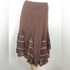 Anthropologie Odille Skirt Womens 6 Brown Ruffled A-Line Full Midi Rayon Skirt